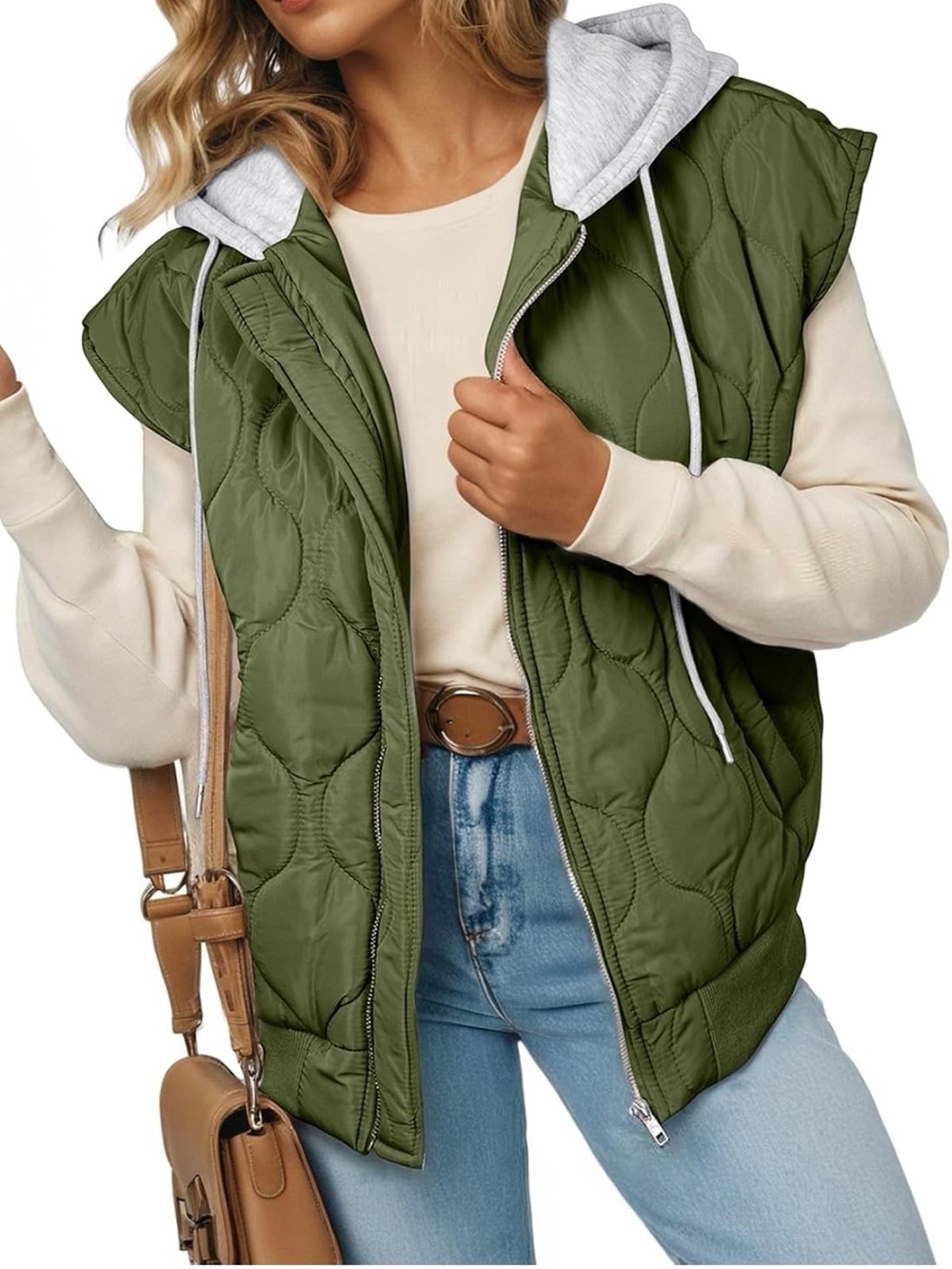 Quilted Hooded Puffer Vest - Olive Green
